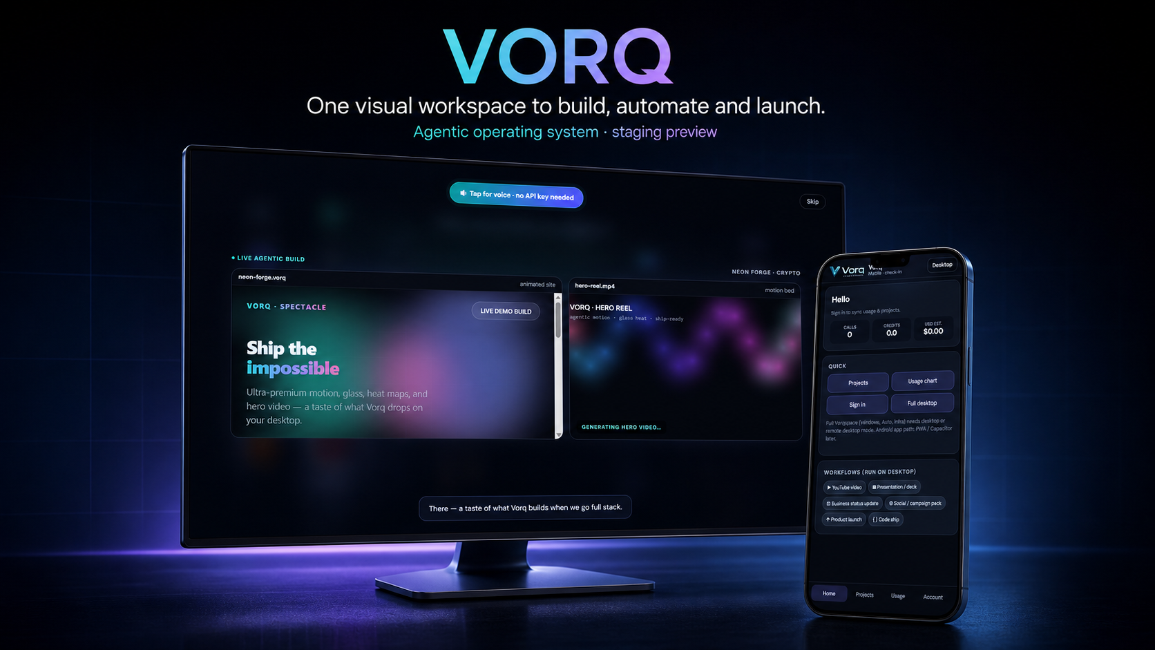 VORQ desktop workspace and mobile check-in prototype shown together