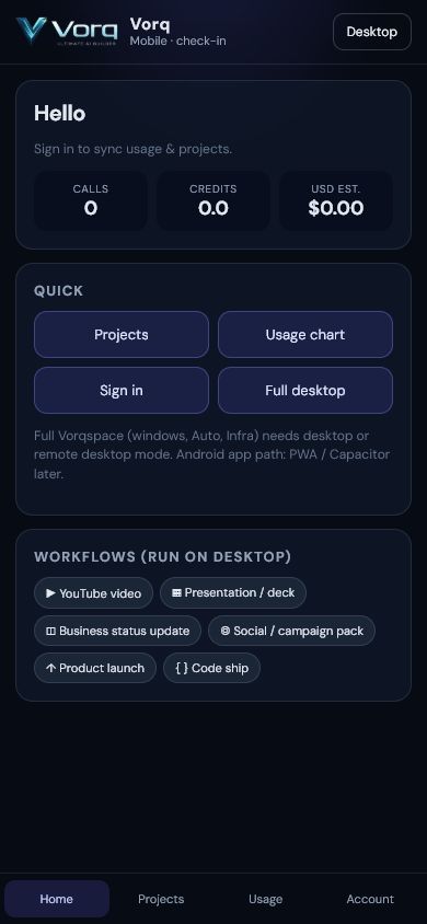 Supplied VORQ mobile staging capture with project and workflow shortcuts